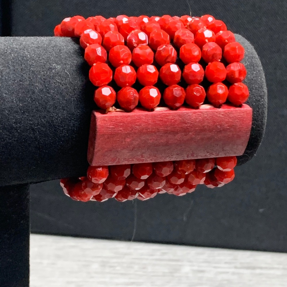 Red Beaded Multi Strand Stretch Bracelet with Wood Spacers Boho Cuff